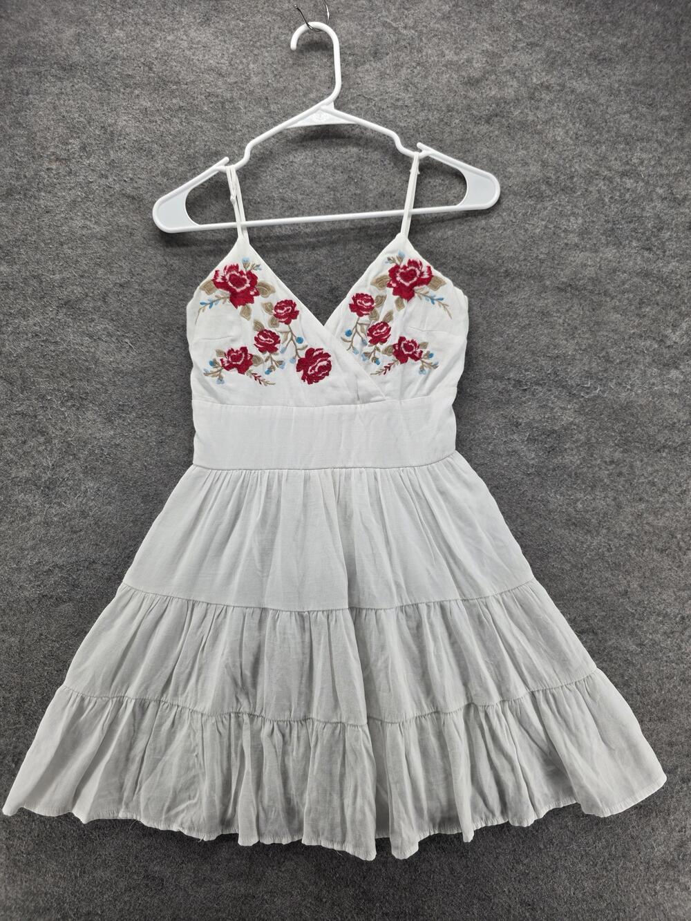 Mi Ami Dress Womens S White Fit & Flare Sundress Floral Embroidered Tiered